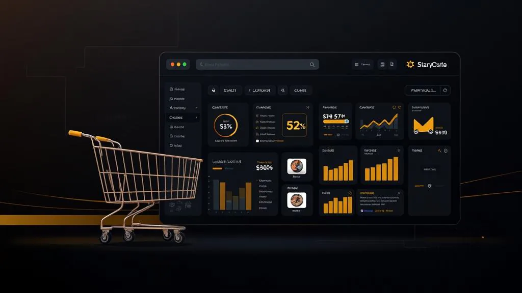 Carrito y panel visual que representan una operación ecommerce