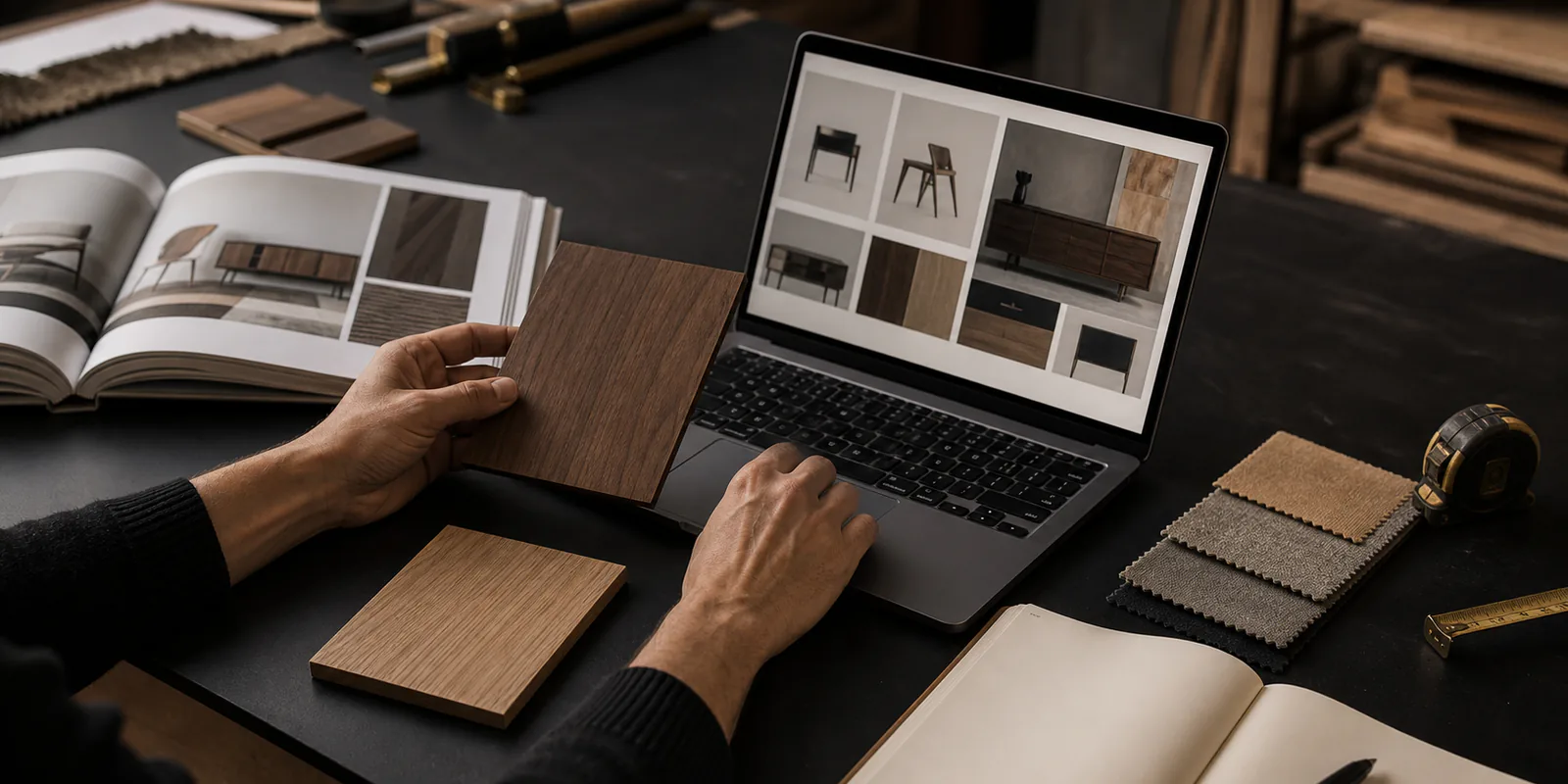 Muestras de madera y catálogo de mobiliario comparados con una web de producto